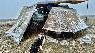 Winter Car Camping In A Snow Storm With Dog [upl. by Xuagram]