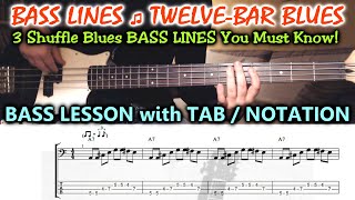 Blues BASS RIFFS Lesson TABS  3 Bass Lines in A  Turnarounds  TUTORIAL [upl. by Jegger]