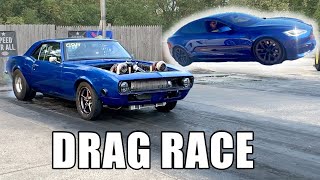 1000hp Tesla Plaid vs 1000hp Twin Turbo Camaro DRAG RACE [upl. by Ahtan]