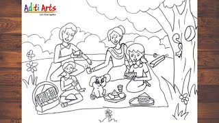 Family Picnic Drawing  Family Picnic Drawing Memory Drawing  Simple Family Picnic Drawing [upl. by Eenahpets]