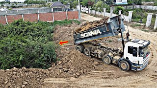 Powerful KOMATSU D58E Bulldozer Clearing Forest and Push Soil to fill land with 25ton Dump Trucks [upl. by Ahsitniuq]