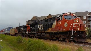 Awesome Friendly Hogger Long Stack Train CN 120 wInspection Car amp DPU thru Downtown Moncton NB [upl. by Whetstone]