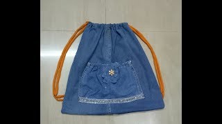 DIY SuperEasy Drawstring Bag from Leftover old jeans Stepby step [upl. by Lem]