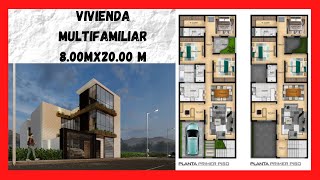 🔰 Plano ⭕NLINE de Casa 🏡 08x20 metros  👪 Multifamiliar de 2 Pisos  259 m2  3 dormitorios x dep [upl. by Nuawd]