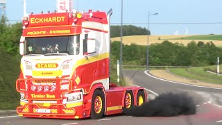 Truckshow Ciney 2022 with Scania V8 open pipes sound Volvo T Cab and other beautiful trucks [upl. by Lyndy]