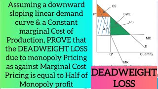 deadweight loss due to Monopoly pricing as against MC pricing half of the Monopoly profit  proof [upl. by Brnaby323]