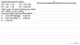 Berikut data potensial reduksi Cr3  3e  Cr E0  071 volt Ni2  2e  Ni E0 [upl. by Eimar]