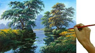 Acrylic Landscape Painting in Timelapse  The Rivers Water Reflections  JMLisondra [upl. by Harmonia]