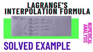 lagranges interpolation formula solved example  Numerical analysis [upl. by Ahsenhoj]