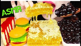 ASMR RAW HONEYCOMB BOBA PEARLS HAMBURGER GUMMY CHEESE CAKE 벌집꿀 치즈케이크 햄버거 젤리 먹방 EATING SOUNDS [upl. by Nrev]