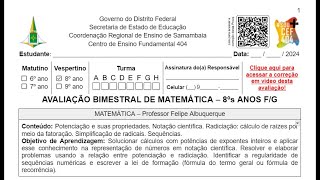 Correção da Avaliação do 1°Bimestre de Matemática 8° ano FG [upl. by Lynden651]