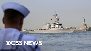 Parade of ships sail into New York Harbor for Fleet Week 2023 [upl. by Yerag921]