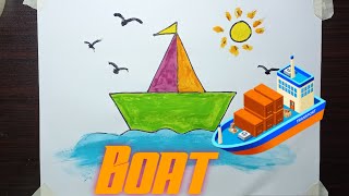 learn how to draw boat Drawing water boat bird sun [upl. by Okuy]