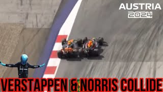 Max Verstappen and Lando Norris CRASH fighting for the lead late Russell wins the Austrian GP [upl. by Tare248]