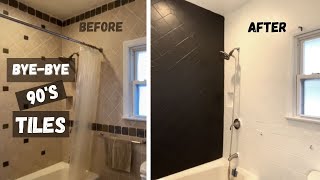 Painting Wall TILES in Bathroom  Extreme Makeover on a Budget [upl. by Tterrag]