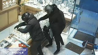 Dramatic smashandgrab robbery at west London jewellers is caught on CCTV [upl. by Veronique273]