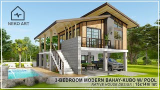 EP 68  3 BEDROOM ELEVATED NATIVE HOUSE with POOL  Modern BahayKubo House Design  NEKO ART [upl. by Abshier]