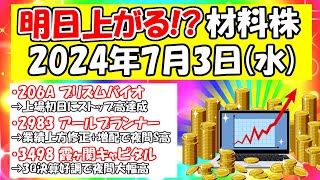 明日上がる！？材料株！プリズムバイオが上場初日ストップ高達成、アールプランナーが業績上方修正増配で夜間ストップ高、霞ヶ関キャピタルが決算好調で夜間大幅高など！2024年7月3日（水）に上がりそうな株 [upl. by Ahsiled]