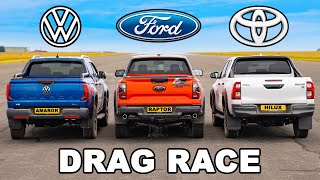 Ford Raptor v GR Toyota Hilux v VW Amarok DRAG RACE [upl. by Yerdna7]