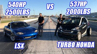 EPIC RACE Battle TURBO Honda KSwap SmartCar Vs V8 LS3 Miata Import Tuner Vs Domestic Tuner [upl. by Llevad16]