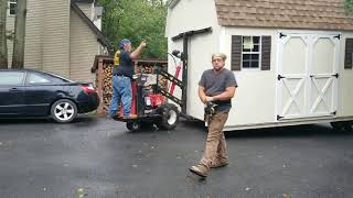 Amish Shed Two man Show Setup and Delivery of a 10x14 Shed from Kramers Shed Using a Mule [upl. by Anitel]