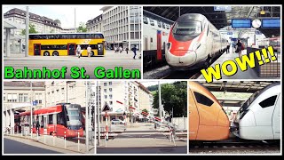 Sehr viele Busse beim Bahnhof StGallen Kanton St Gallen Schweiz 2021 [upl. by Clarkin]