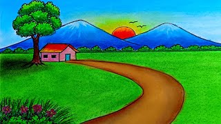 how to draw a beautiful landscape easy for beginners  scenery drawing [upl. by Laerol92]