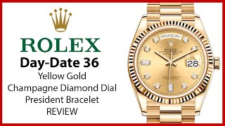 ▶Rolex DayDate 36 Yellow Gold Champagne Diamond Dial Gold Bezel President Bracelet  REVIEW 128238 [upl. by Soloman542]