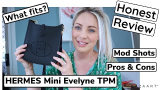 HERMES MINI EVELYNE TPM 16 BLACK REVIEW 🖤 WHAT FITS INSIDE MOD SHOTS PROS amp CONS  billiexluxury [upl. by Demp]