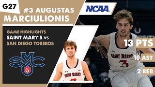 AUGUSTAS MARCIULIONIS game highlights Saint Marys Gaels vs San Diego Toreros  Game 27  NCAA [upl. by Salome]