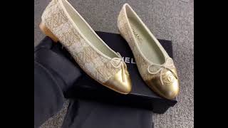 Chanel ballerina flat shoes beige gold leather and tweed available on Wornright Luxury [upl. by Ycnej]