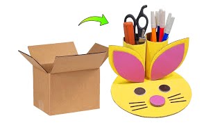 How To Make Pen Holder With Cardboard  How To Make Pencil Holder Cute Rabbit Model [upl. by Ahsinauq172]