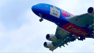 140724 EK27 A380 Dubai Expo Livery Closeup Overhead Landing at Glasgow Airport [upl. by Doraj571]