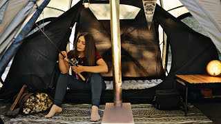 Solo rainy Camping Catch amp Cook trout Cozy hot tent adventure  ASMR [upl. by Araht]