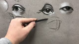 Drawing Eyes With Charcoal On Gray Toned Paper part 2 [upl. by Thorrlow]