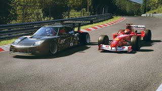 Michael Schumacher Ferrari F2004 vs Acura NSXF1 vs Rubens Barrichello Ferrari F2004 at Nordschleife [upl. by Chinua102]