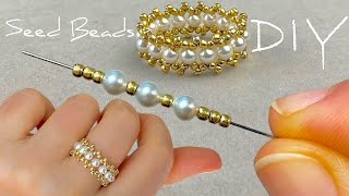 Easy Beaded Ring Beads Jewelry Making  Seed Bead Rings with Pearls [upl. by Marne]