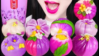 ASMR PURPLE WAGASHI SWEET BEAN CAKE TARO BUBBLE TEA 보라색 꽃 케이크 화과자 타로 버블티 먹방 EATING SOUNDS [upl. by Gibe]