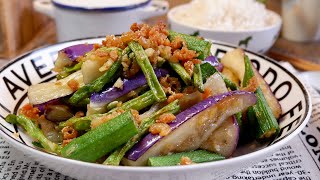 RestaurantStyle StirFried Vegetables w Dried Shrimp 虾米炒三宝 Chinese Long Bean Brinjal Okra Recipe [upl. by Ahsiatal384]