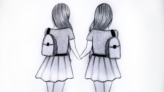 Best friends drawing easy step by step BFF drawings pencil sketch  Girls drawing [upl. by Perrin330]