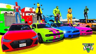 SPIDERMAN CARS Racing Challenge on DESERT Rampa  SUPERHERO HULK Iron Man Goku Epic New Race  GTA 5 [upl. by Cinimod647]