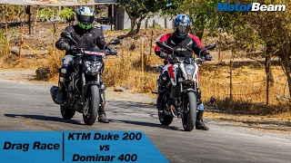 KTM Duke 200 vs Dominar 400  Drag Race  MotorBeam [upl. by Nitsua]