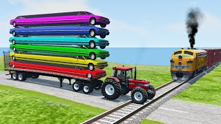 Double Flatbed Trailer Truck vs Speedbumps Train vs Cars  Tractor vs Train BeamngDrive 050 [upl. by Eliathan51]