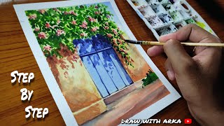 Watercolor Painting for Beginners Beautiful Flower Tree and Simple Door [upl. by Ehpotsirhc]