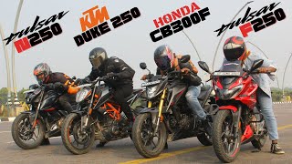 Honda CB300F vs Pulsar N250 vs KTM Duke 250 vs Pulsar F250 Performance Test [upl. by Mmada]