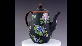 c1850s Fine Wedgwood Black Basalt Floral Design Tall Teapot Coffee Pot 53410 Teapot [upl. by Osborn]