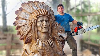 AMAZING CHAINSAW wood carving Native American with wolves [upl. by Parthinia]