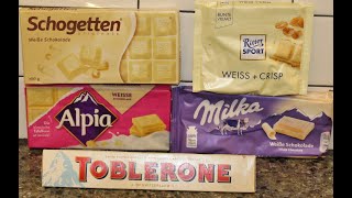 White Chocolate Candy Bar Comparison Milka Ritter Sport Schogetten Alpia amp Toblerone [upl. by Sheets]