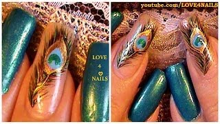 Como Pintar Plumas de Pavo Real en sus Uñas ♥ Tutorial [upl. by Thorny442]