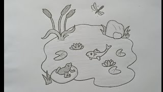 how to draw pond easy pond drawing for beginners step by step [upl. by Noelyn840]